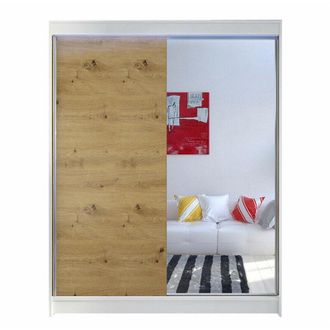 Mirjan24 Armario Atlanta 140, Blanco + Roble Artisan, 200x150x58cm, Puertas De Armario: Correderas, Led - Blanco + Roble Artisan