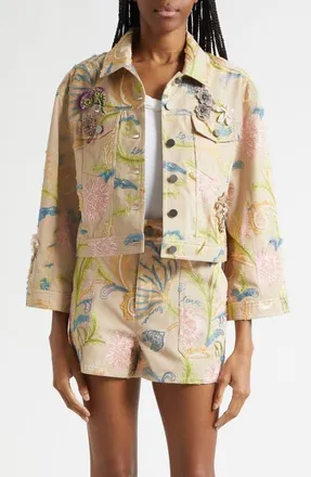 Cinq &agrave; Sept Addie Beaded Embroidered Detail Trucker Jacket in Khaki Multi at Nordstrom, Size Xx-Small