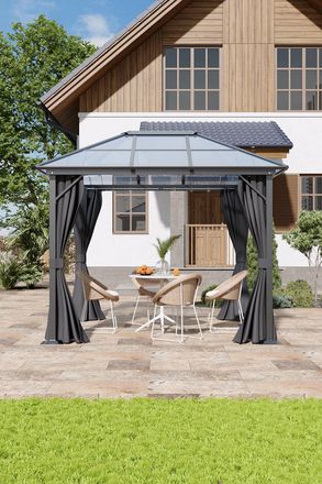 Living and Home 10 x 10FT Metal Frame Hardtop Patio Gazebo with Curtains in Dark Grey