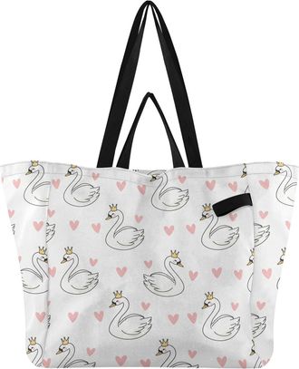 Generic Swans White print Reusable Canvas Tote Bag, Heavy Duty Grocery Shopping Bag with Hard Bottom Double Handles Large Capacity Work Groceries Travel