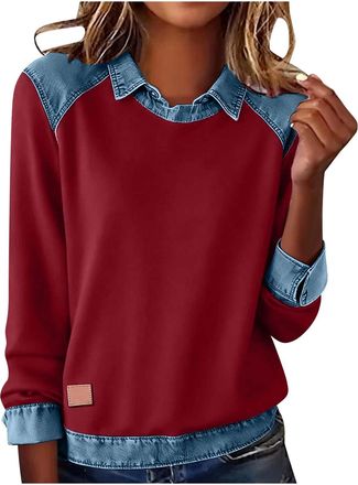 Generic Jumpers for Women UK Fall Oversized Long Sleeve Shirts Patchwork Lightweight Comfortable Tunic Tops Ladies Lapel Collar Plaid Casual Classic Fashion D