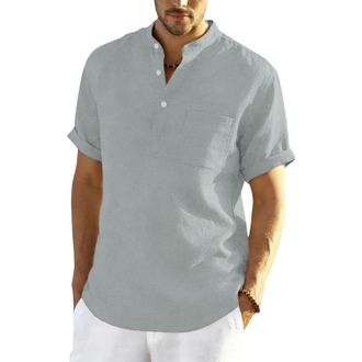 Generic Linen Shirts Men Short Sleeve Summer Beach Hawaiian Shirts With Pockets Fashion Grandad Collar Collarless Henley Tshirts Men Uk Button V Neck Cotton L