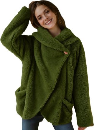 Generic Women Fluffy Teddy Coat Shawl Collar Cardigan Top Autumn Pullover with Button Ladies Teen Girls Winter Warm Lounge Wear Thick Plush Sweatshirts with P