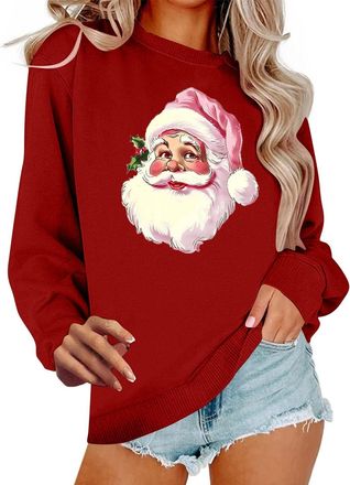 Generic Christmas Jumpers For Women Uk Santa Claus Christmas Tree Bowknot Wine Glass Print Xmas Sweatshirts Ladies Casual Loose Crewneck Pullover Long Sleeve 
