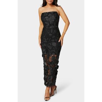 Bebe Strapless 3D Floral Lace Maxi Dress in Black at Nordstrom Rack, Size Medium