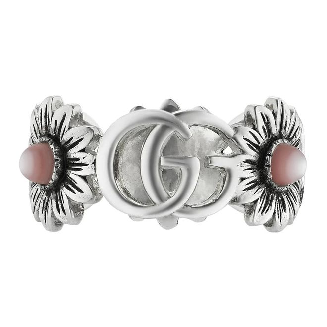 Ybc527394002 - Sterling Silver and Pink Mother of Pearl Ring with Double G and Flower Motif