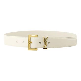 Saint Laurent Bronze Metal Detail White Leather Belt - female - Saint Laurent - Belts - White - 70 CM - Accessories