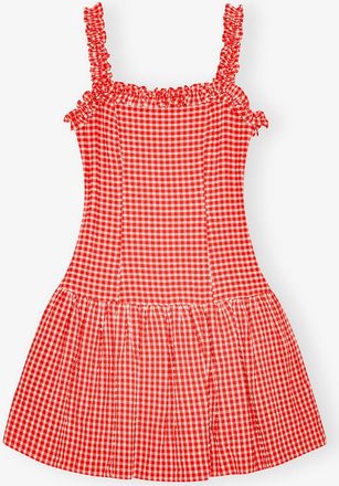 Ganni Red Stretch Seersucker Strap Ruffle Mini Dress - Size 10/12