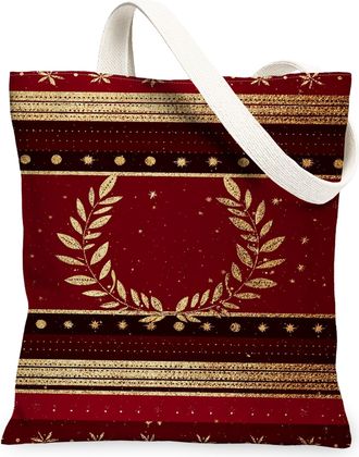 Generic Christmas Laurel Canvas Tote Bags, Elegant Star Pattern Reusable Grocery Bags, Vintage Washable Shoulder Strap Canvas for T, Red, 13x15 Inch