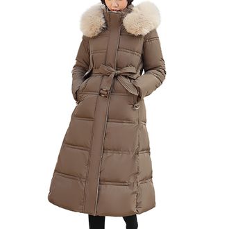 Generic Womens Winter Jacket Long Warm Elegant Quilted Jacket Down Jacket Buffer Jacket Stand Collar Winter Coat Quilted Coat with Faux Fur Hood and Belt (Kha