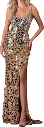 Terani Couture Mirror Embellished Dress With Slit In Gold/nude