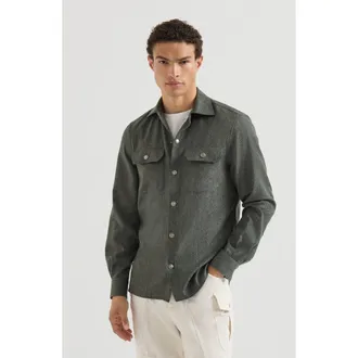 Brunello Cucinelli Virgin wool flannel overshirt with spread collar and chest pockets in Forest Green at Nordstrom, Size Xxx-Large
