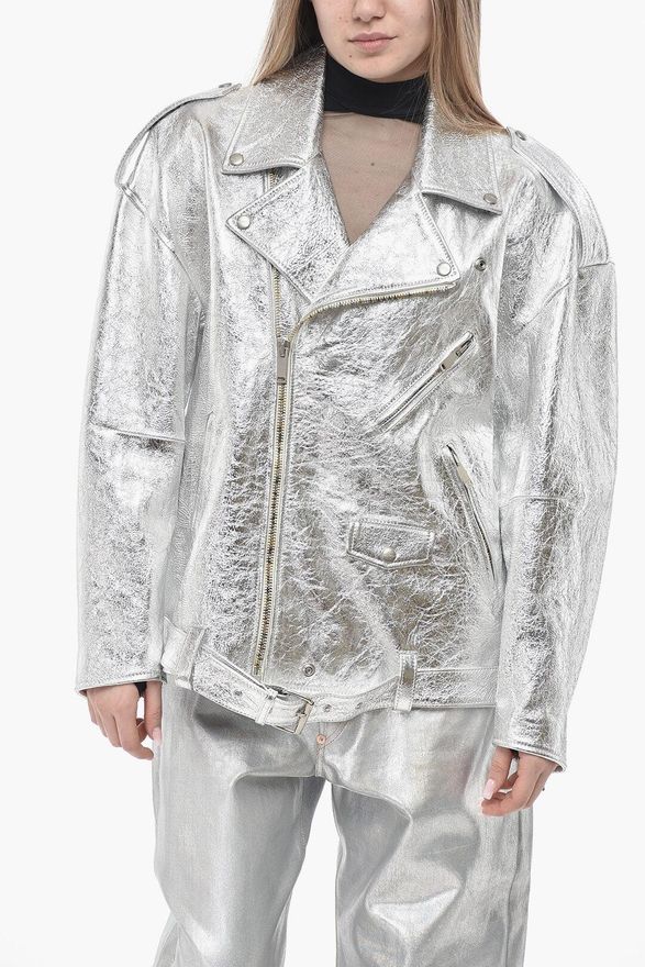 Oversized Lam&eacute; Leather Biker Jacket HALFBOY