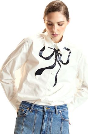 Cynthia Rowley Metallic Bow Cotton Shirt in White at Nordstrom, Size X-Small