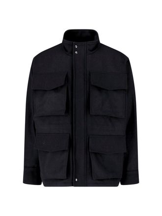 White Sand Black Wool-Blend High Collar Concealed Placket Jacket
