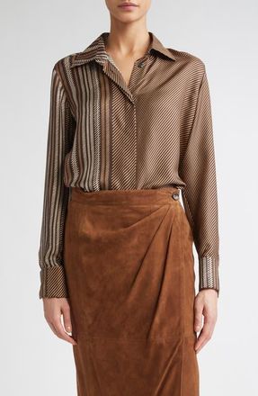 Max Mara Shaker Stripe Silk Top in Chocolate at Nordstrom, Size 10
