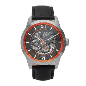 Heritor Jonas Leather-Band Skeleton Watch in Silver/orange at Nordstrom