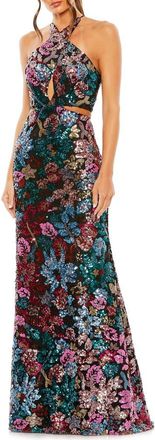 Mac Duggal Sequin Embellished Cross Neck Gown in Black Multi at Nordstrom, Size 6