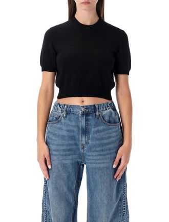 Alexander Wang Alexander Wang Womens Cropped Ribbed Chenille Sweater With Logo - Black - Size X-Small