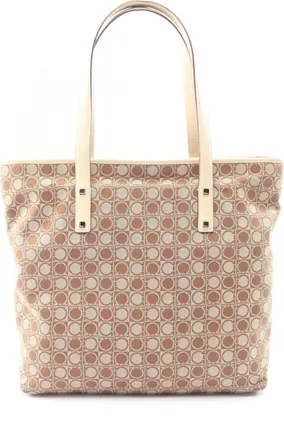 Ferragamo Beige White Canvas Leather Handbag Tote Bag (Pre-Owned)