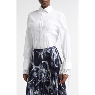 Erdem Tie Cuff Cotton Button-Up Shirt in White at Nordstrom, Size 10 Us