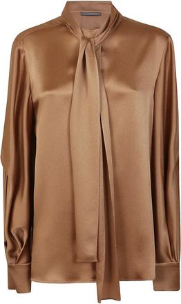 Alberta Ferretti Overhemden, Dames, Bruin, S, Satijn, Beige Zijdeblend Sjaalkraag Shirt