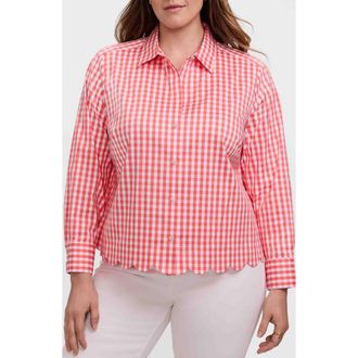 Foxcroft Scarlett Gingham Scallop Hem Button-Up Shirt in Peachy Orange/White at Nordstrom, Size 2 X