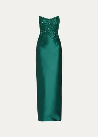 Pamella Roland Beaded Strapless Silk Column Gown