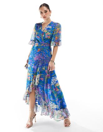 Hope & Ivy frill sleeve maxi wrap dress with tie waist in blue print