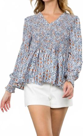 THML Clothing Smocked Long Sleeve Blouse In Blue