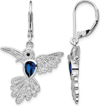 Diamond2Deal Sterling Silver Rhodium-plated Lab Created Dark Blue Spinel and CZ Hummingbird Drop Dangle Earrings