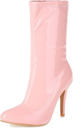 Generic Womens Elegant Patent Leather Stiletto Heel Mid-calf Boots with Pointed Toe,Slip-On Style,Pink,6.5 UK