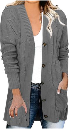 Generic Womens Cardigan Casual Long Sleeve Button Knit Fall Winter Sweater with Pockets Comfort Warm Loose Fit Travel Ladies Cardigans Womens Chunky Knit Wint