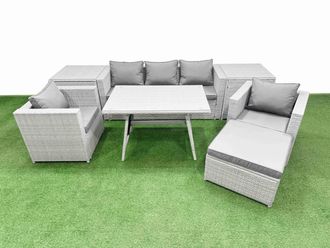 Fimous 8 Pieces Outdoor PE Rattan Sofa Armchair Set with 2 Side Tables Stool in Light Grey