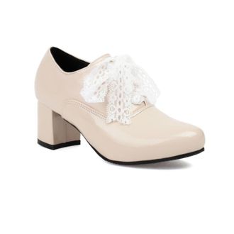 Generic Womens Block Heel Pumps Patent Glossy Upper Lace Tie Detail Round Toe Chunky Heel Slip On Decorative Laces Cushioned Insole Durable Sole Stylish Dress