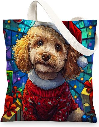 Generic Christmas Poodle Dog Canvas Tote Bag for Shopping 13x15, Stained Glass Winter Puppy Reusable Grocery Print Pattern Bag for Women Men, Fun Pet Aestheti