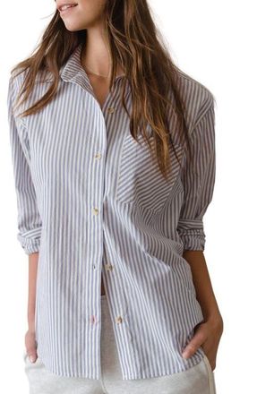Marine Layer Jane California Relaxed Stripe Cotton Poplin Button-Up Shirt in Blue Stripe at Nordstrom, Size X-Large