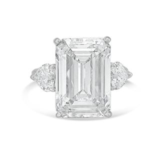 Diana M. Jewels Platinum Lab grown 12ct Emerald diamond ring with heart diamonds on the side and micropave band