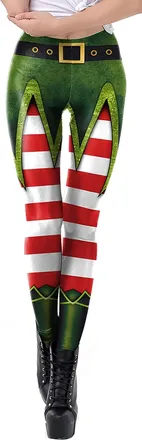 Feoya Womens Christmas Costumes Print Stretchy Leggings Xmas Funny Tights Santa Striped Leggings Yoga Skinny Pants Festival Trousers Workout Running Pilates