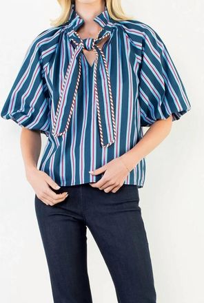 THML Clothing Rebel Tie Front Blouse In Navy, Red, And White Stripe