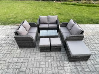 Fimous Outdoor Garden Furniture Sets 9 Seater Wicker Rattan Furniture Sofa Sets with Rectangular Coffee Table Love Sofa 3 Footstools in Dark Grey