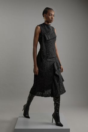 Karen Millen Womens Metallic Boucle Tailored Sleeveless Asymmetric Midaxi Dress - Black - Size 10 UK