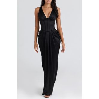 House of CB Angeline Strapless Satin Corset Gown in Black at Nordstrom, Size X-Small