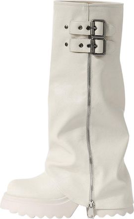 Generic Womens Western Cowboy Mid-Calf Boots, Platform Sole with Double Buckles, Side Zip, Round Toe Zipper Block Heel Lug Shark Boots