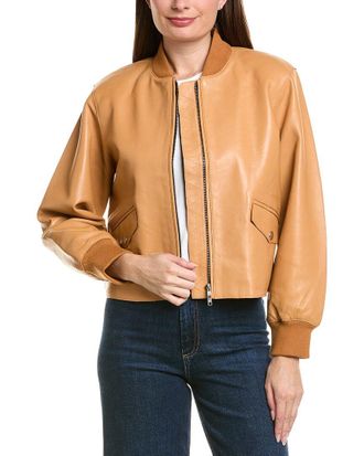 Neiman Marcus Cropped Zip Front Leather Bomber Jacket