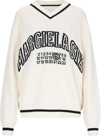Maison Margiela logo-knit v-neck jumper - White