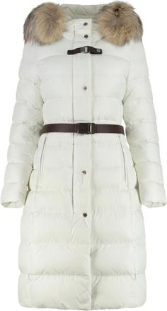 Moorer Jassen, Dames, Wit, S, Polyester, Lange gewatteerde jas met afneembare bontkraag