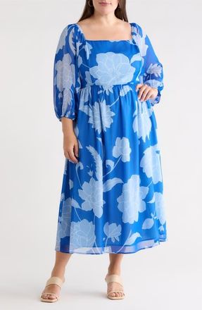 Sugarlips Seabloom Floral Amaretto Puff Long Sleeve Dress in Cobalt-Blue at Nordstrom, Size 2X