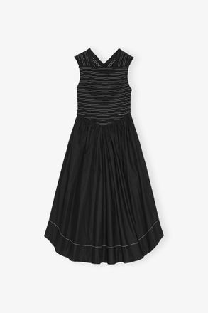Ganni Black Washed Stretch Cotton Smock Midi Dress - Size 10/12