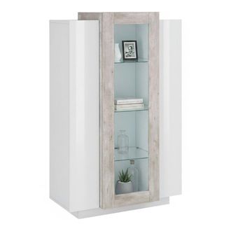 Dmora Vitrina Dfrutt, Aparador Con Tres Puertas, Mueble De Sal&oacute;n Multiusos, 100% Made In Italy, Cm 80x38h121, Blanco Brillo Y Cemento - Dmora